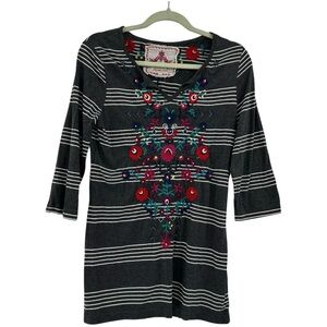 Johnny Was Embroidered Tunic Shirt Striped Floral Size Small